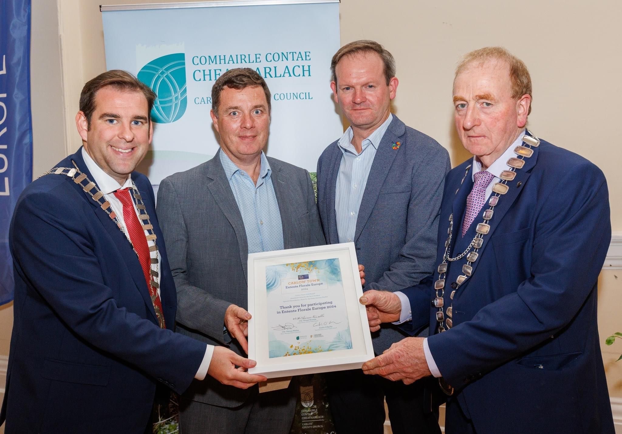 Photo caption: L-R Mayor of Carlow, Councillor Fintan Phelan; David Buckley, SETU Estates Manager; Dr David Ryan, SETU Associate Vice President for Sustainability; and Leas Cathaoirleach, Thomas Kinsella. SETU was presented with a Certificate of Appreciation in recognition of the University’s role in Carlow’s Gold Medal Award-win at Entente Florale 2024 at an event in Carlow Town Hall.